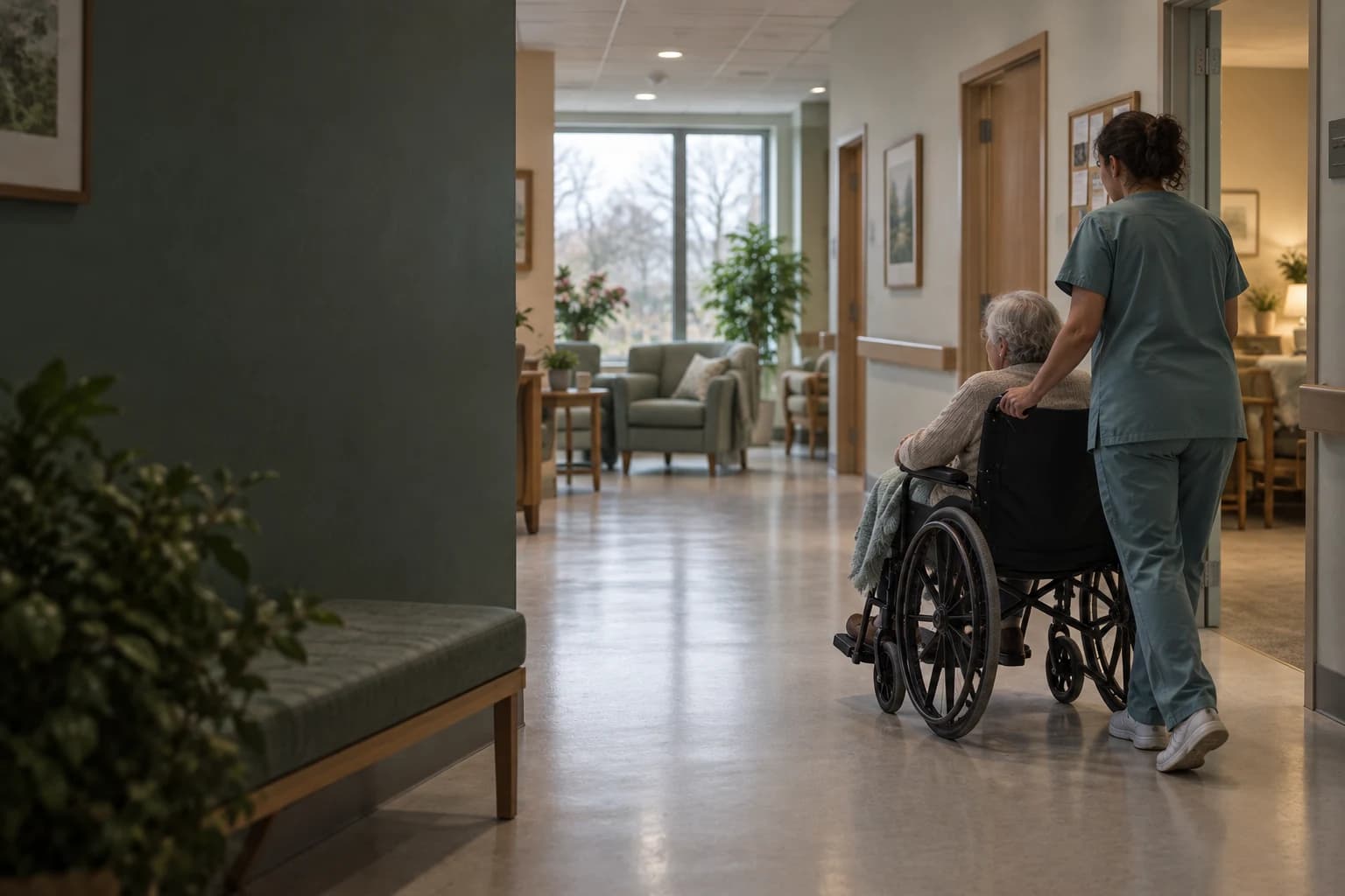 A care orderly pushes an older patient in a wheelchair along a softly lit hospice corridor