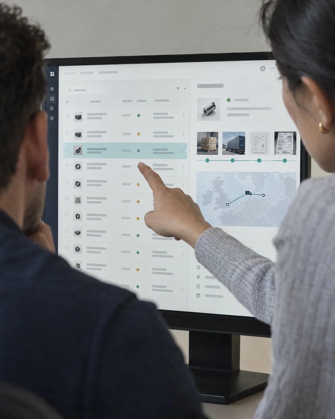 Two colleagues review connected operational records and delivery evidence on a monitor