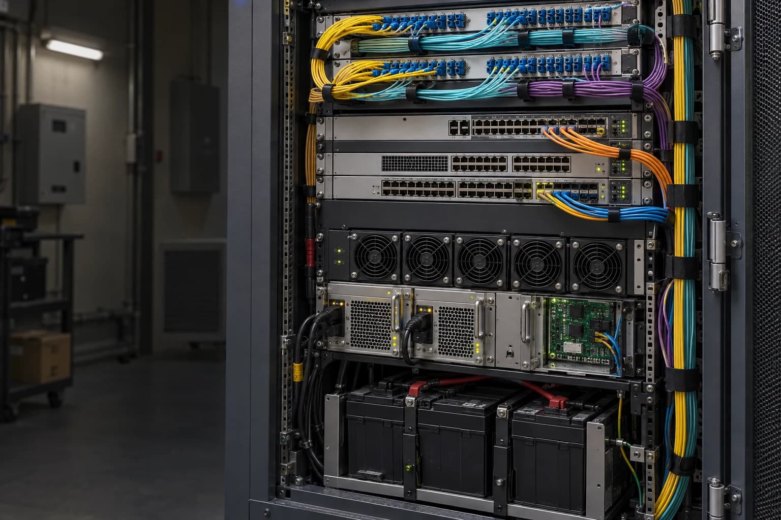 An open telecom cabinet with colourful fibre connections, network switches, cooling fans, power supplies and backup batteries