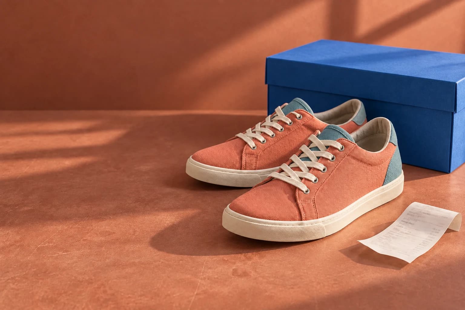 Unbranded coral and teal sneakers beside a cobalt blue shoebox and receipt