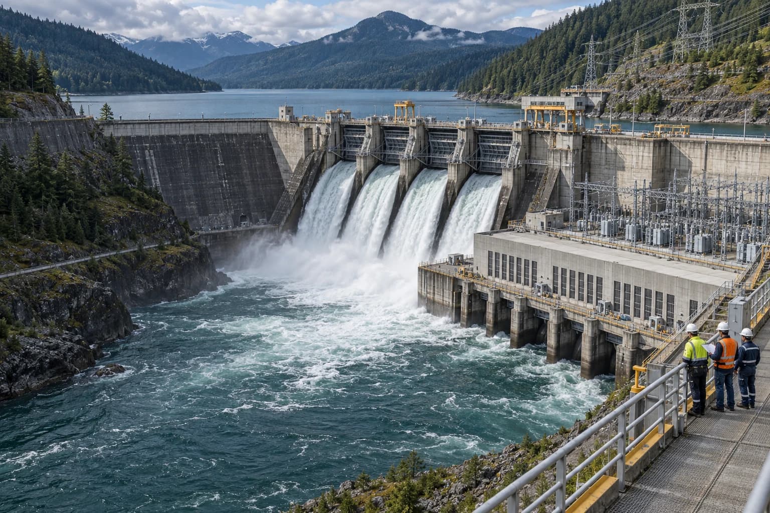 A hydroelectric dam with active spillways, a turbine hall, transmission infrastructure and a maintenance crew on a service walkway