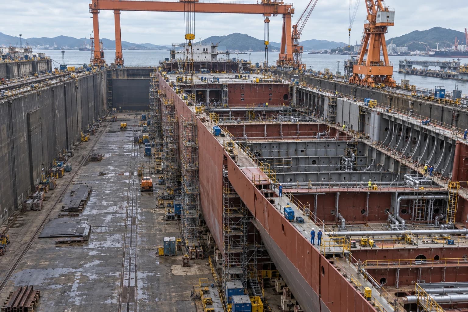 A large ship under construction in a dry dock, with exposed hull sections, cranes, scaffolding and small teams at work