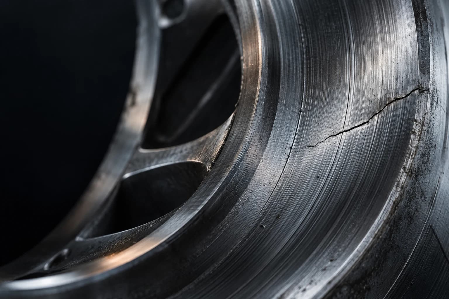 A close view of machined metal with a fine fracture interrupting its concentric tool marks