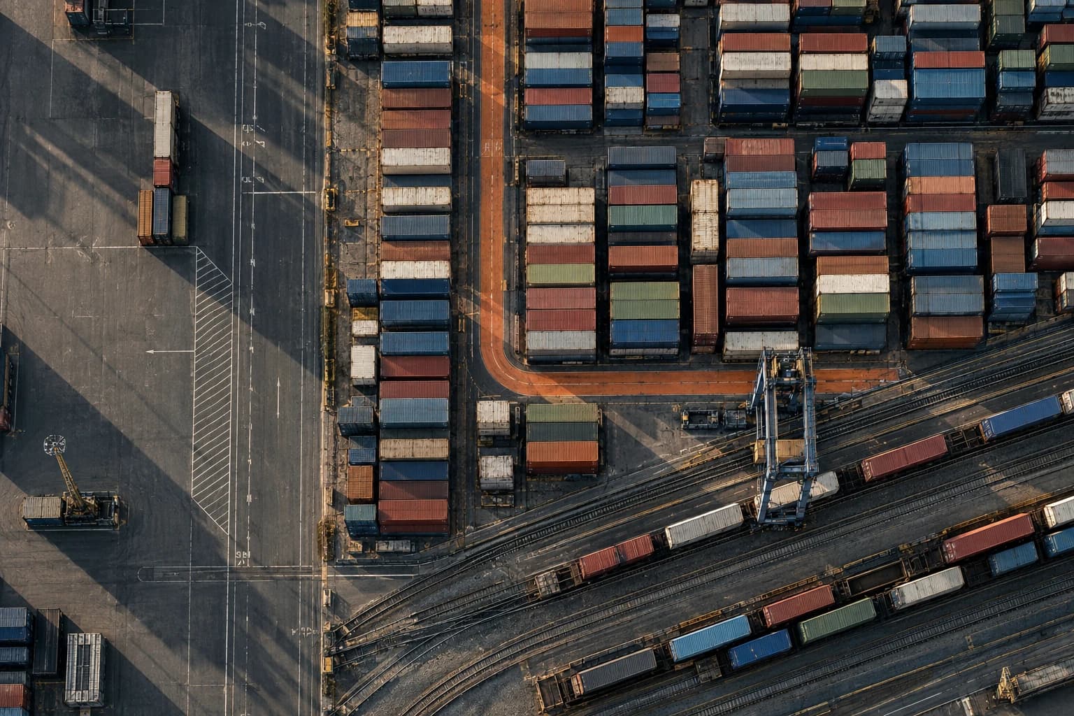 An overhead view of shipping containers, rail lines and cranes at a freight terminal